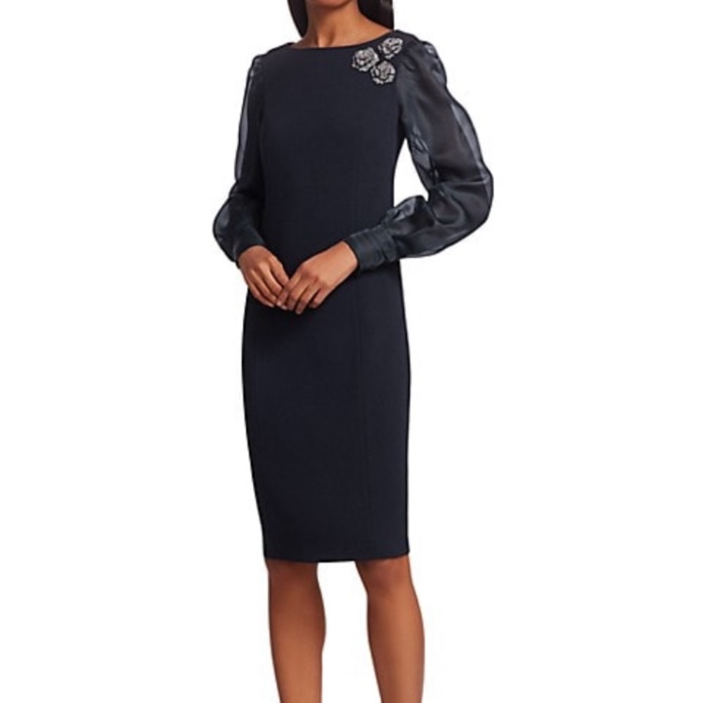 Teri Jon Floral Broach Silk Organza Puff-Sleeve Sheath Dress